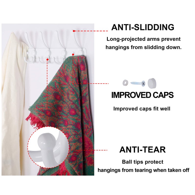 Dseap Wall Mounted Coat Rack - 5 Tri Hooks, Heavy Duty, Stainless Steel, Metal Coat Hook Rail for Coat Hat Towel Purse Robes Mudroom Bathroom Entryway (White, 2 Packs) - Image 5